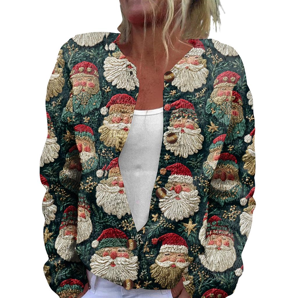 Women's Fashion Christmas Print Long Sleeve Knitted Cardigan Button Jacket