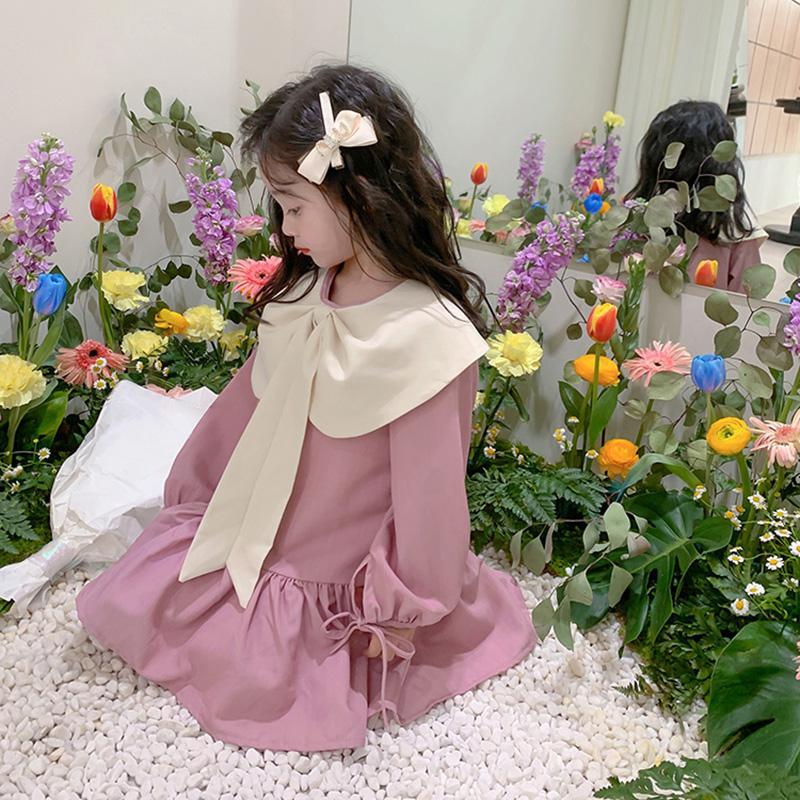 Платье принцессы с воротником куклы для девочек, рукава-фонарики, украшение с цветным бантом