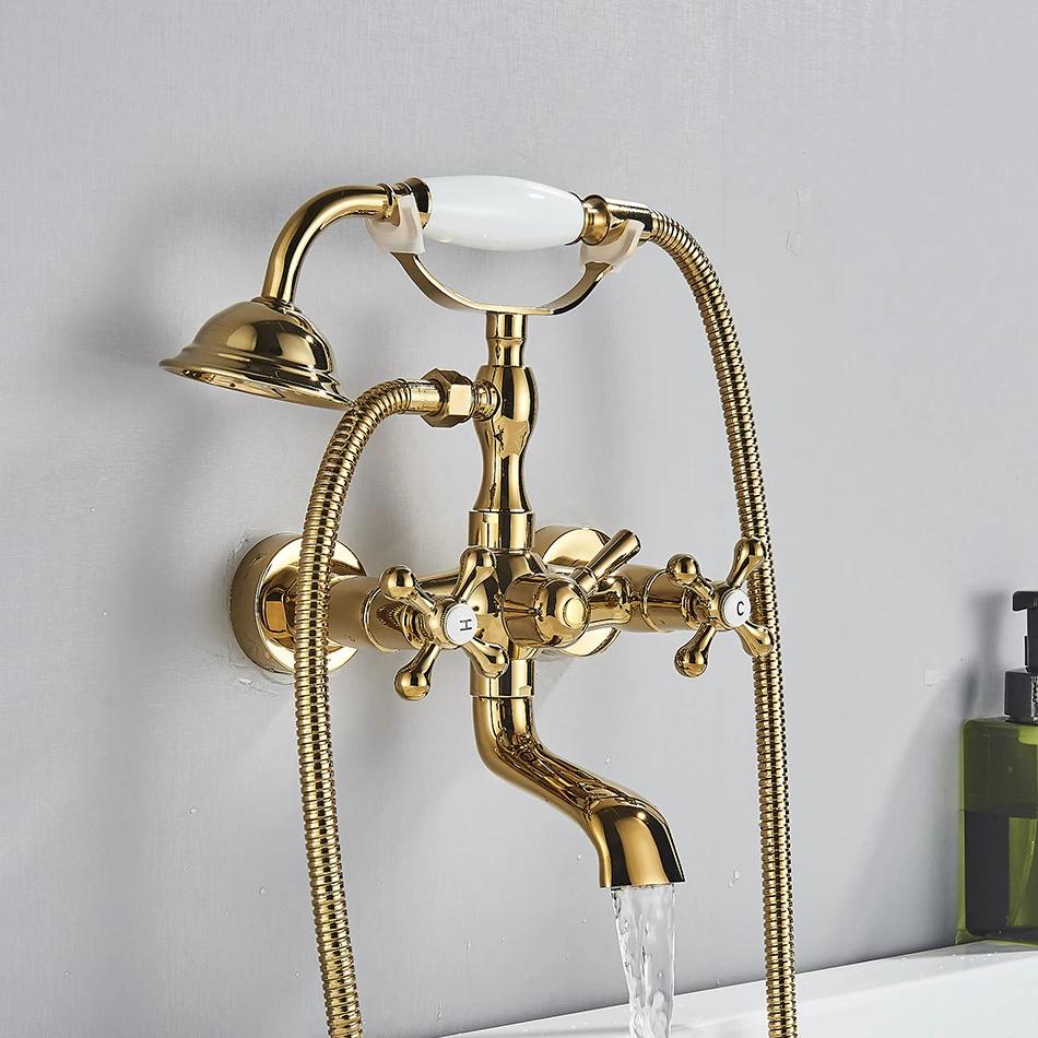 Luxury Golden Black Bathtub Faucet Mixer Tap Telephone Style With Sprayer Hand Shower Rotate Spout Tub Hot Cold Water Mixer Sets