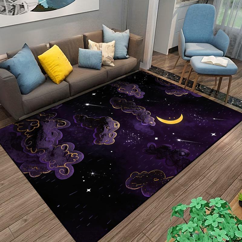 Mystic Night Sky Carpet with Purple Clouds, Moon, and Stars Design Suitable for use as an anti-slip for living room bedroom sofas
