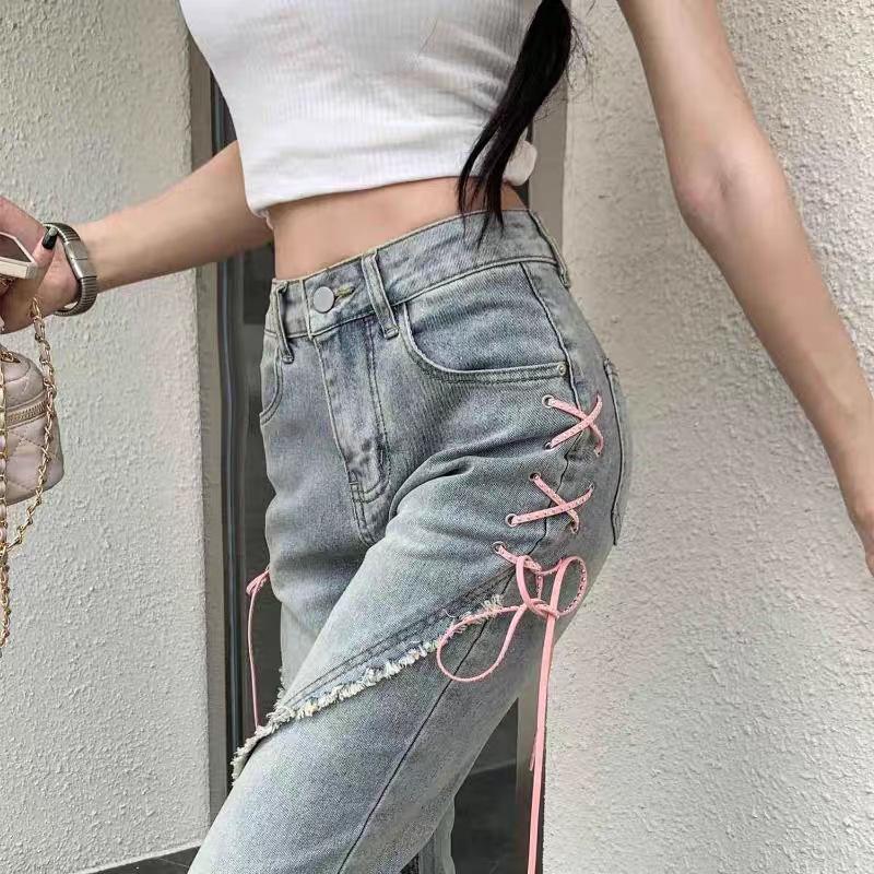 Women's 2024 Split Flare Jeans with Strap Design - American Style, Spring & Fall Casuals