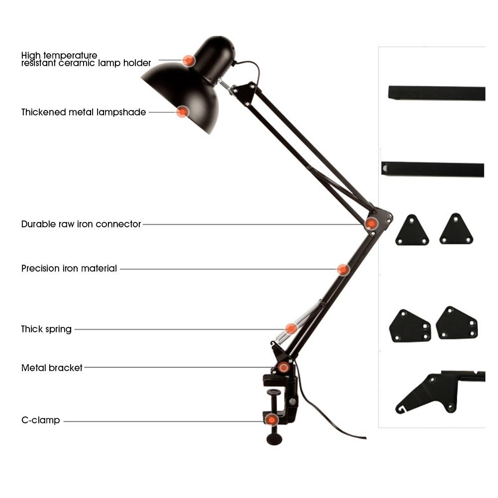 Светодиодная настольная лампа, металлический поворотный рычаг, подпружиненная регулируемая лампа для чтения для спальни, ночник с C-образным зажимом, лампа E27 в комплект не входит