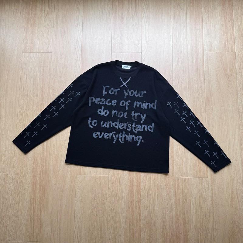 Magic Bear 2026 Streetwear Cross Print Long Sleeve Sweatshirt Waffle Knit Crew Neck Loose Fit Teens