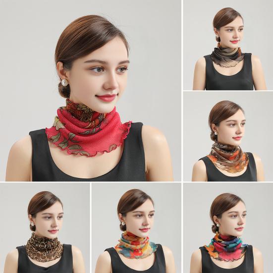Women Floral Chiffon Ring Scarf Neck Guard False Collar Elastic Bib Wraps Travel Scarf Versatile Accessory