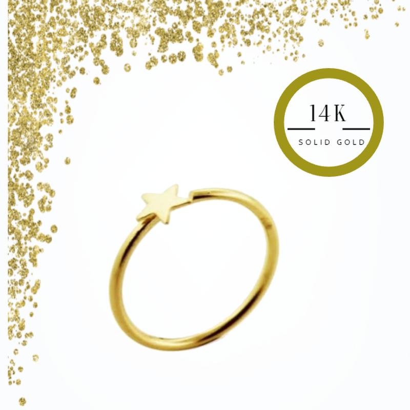 KODY PIERCING 14K Solid Gold Open Nose Ring Piercing With Star - Quality Piercing