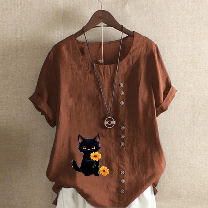 Женская модная футболка с коротким рукавом и милым принтом в виде кошачьего цветка, свободная хлопковая рубашка, повседневная свободная летняя блузка, топы больших размеров