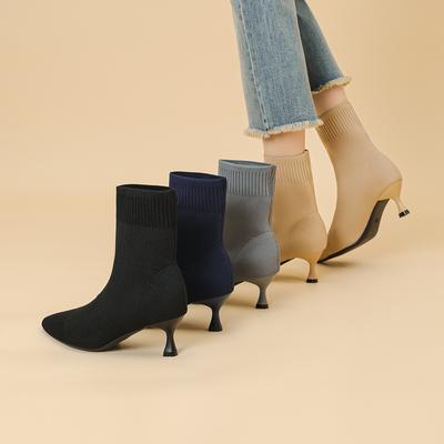 Женские ботильоны с острым носком и носком на низком каблуке, дышащие, эластичные, женские, удобные, на каблуке-рюмочке, вязаные, нарядные, рабочие ботинки