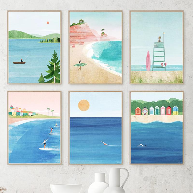 Абстрактное летнее плавание, прыжки, серфинг, морской пейзаж, постеры, холст, картина, минималистичная настенная картина, принт, гостиная, домашний декор