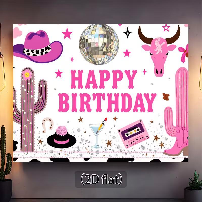 2D Pink Cowgirl Disco Birthday Backdrop, Western Cactus Photography Bann
