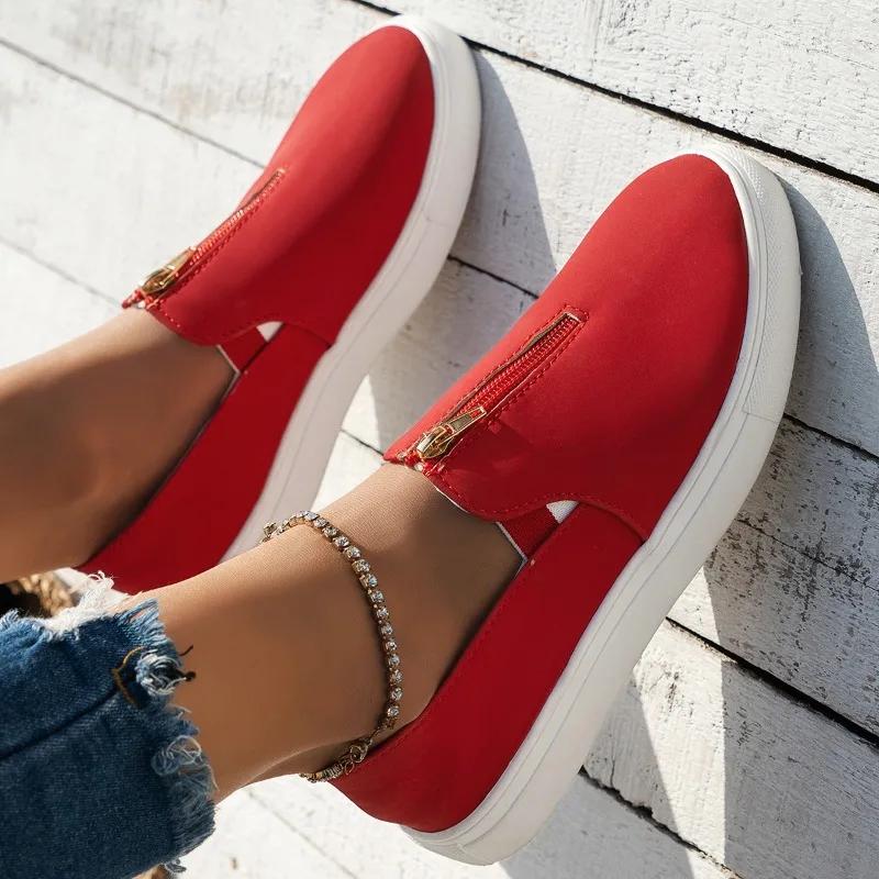 Мода Новый Стиль Женские Кроссовки на Молнии Спереди Низкие парусиновые туфли Однотонные Круглый носок Нескользящие Повседневные Лоферы Слипоны Большой размер 36-43