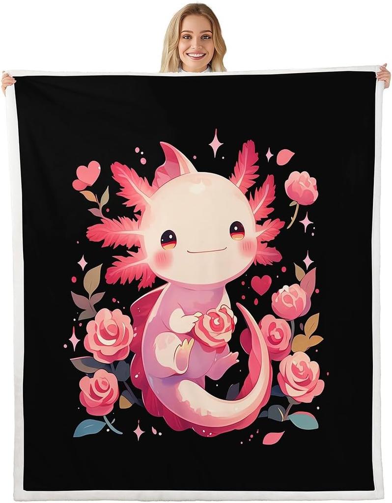 Cute Pink Axolotl Blanket Soft Fleece Throw Cherry Blossom Design Fantasy Art Kids Room Decor
