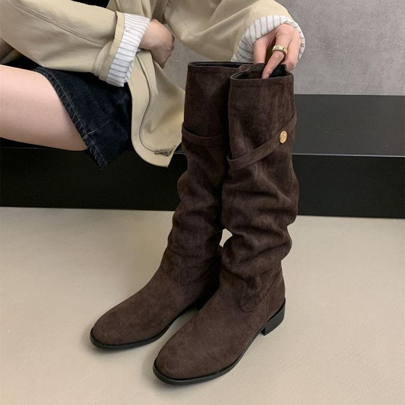 Comemore Замшевые ботфорты женские 2025 Новые осенние ретро плиссированные туфли на толстом каблуке для женщин Однотонные длинные ботфорты женские