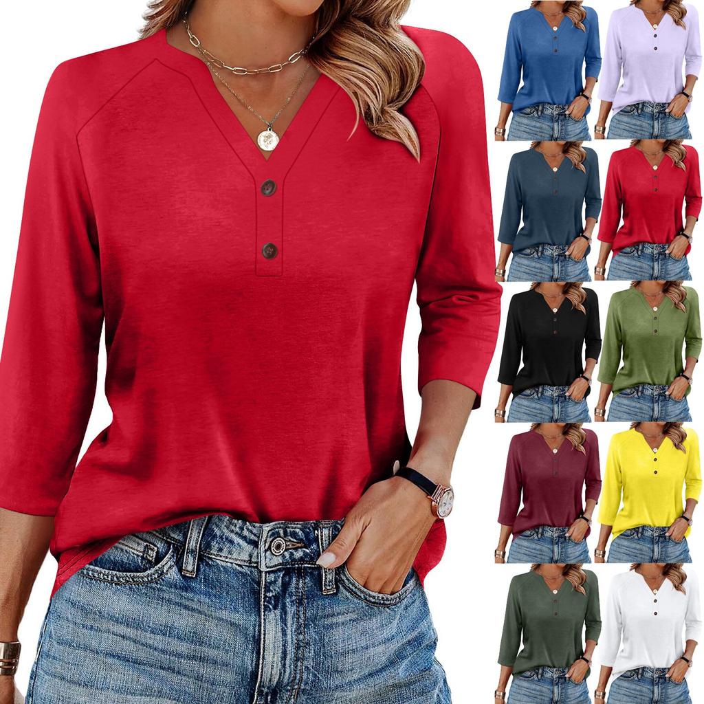 Women's T Shirt Solid Color Button 3/4 Sleeve Daily Weekend Fashion Basic V- Neck Regular Top