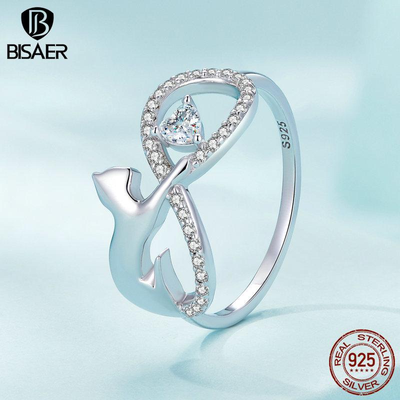 Bisaer Кольцо из стерлингового серебра 925 пробы с милым котом, обещание, бесконечное сердце, циркон, кольцо с домашним животным, платиновое ювелирное изделие для женщин