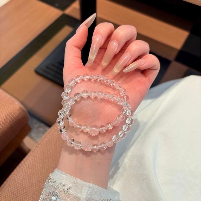 Natural Rose Crystal Beaded Bracelet Women White Pink Quartz Fashion Jewelry