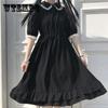 Sailor Collar Navy Dress Lolita Sweet Bow-knot Girl Retro Style Student Girls Lace Cuff Mid-calf Solid Color Dress