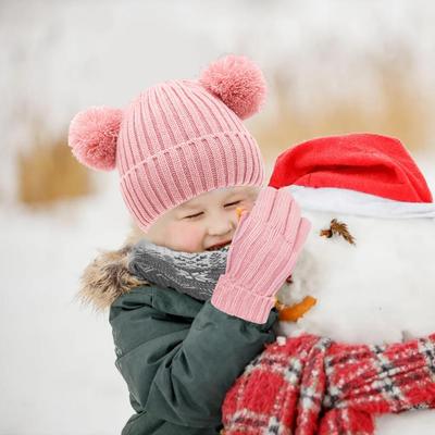 3 шт./комплект детский шапка шарф перчатки комплект утолщенный плюшевый вязаный нескользящий меховой мяч декор ветрозащитный сохраняющий тепло для девочек мальчиков на открытом воздухе N