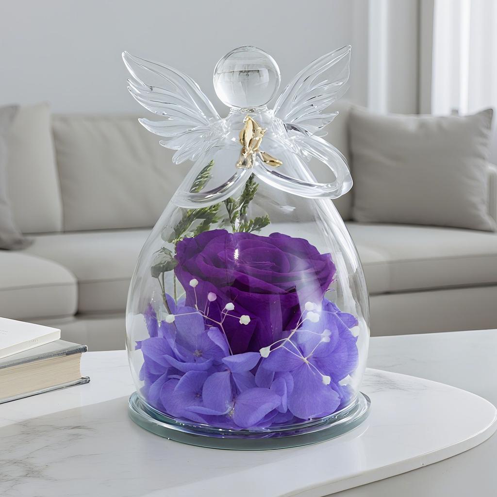 Glass cover eternal flower, little angel eternal rose, Christmas and Valentine's Day gift glass cover ornament