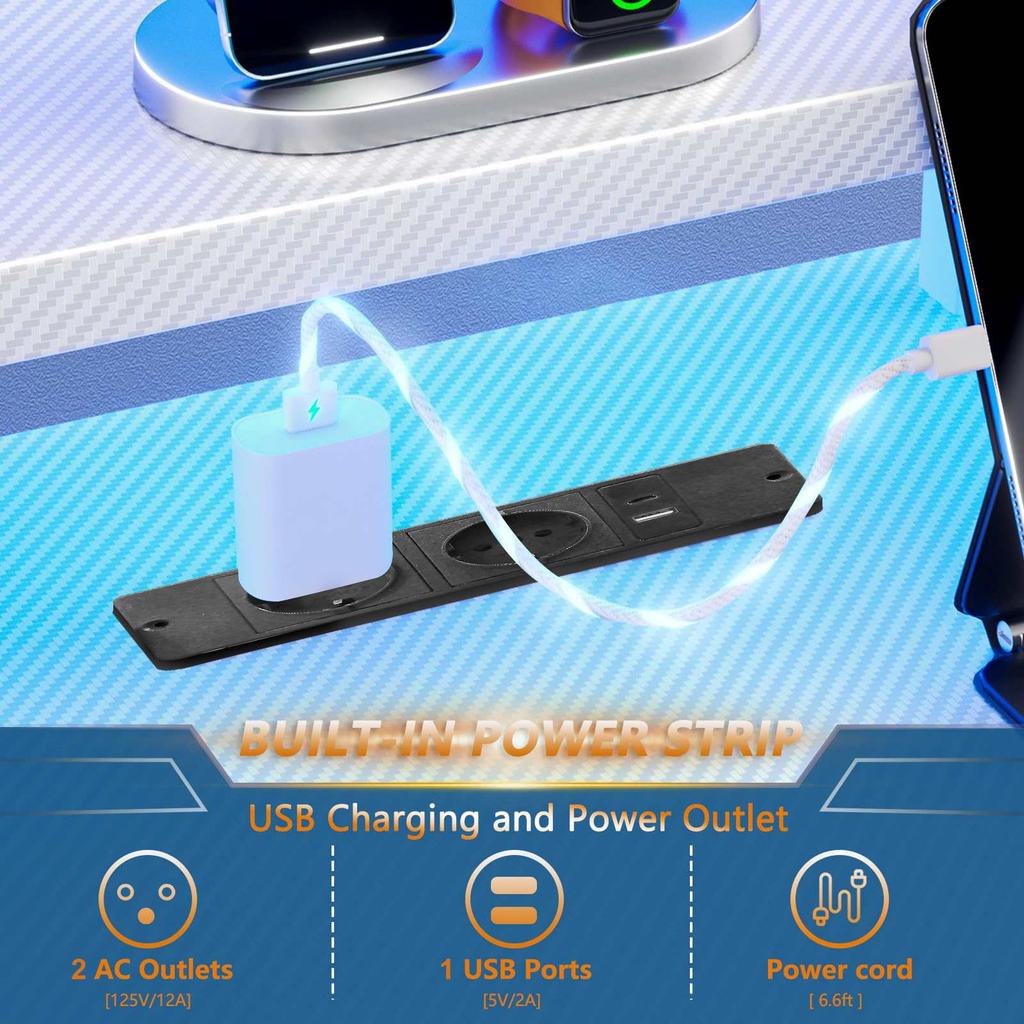 Игровой стол с RGB-подсветкой, реверсивный, с подставкой для монитора, USB- и AC-портами, прочная металлическая рама