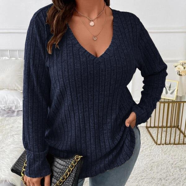 GMXIA Осень-зима, однотонный женский топ больших размеров с v-образным вырезом и длинными рукавами, шерстяная футболка в полоску, свободный чехол