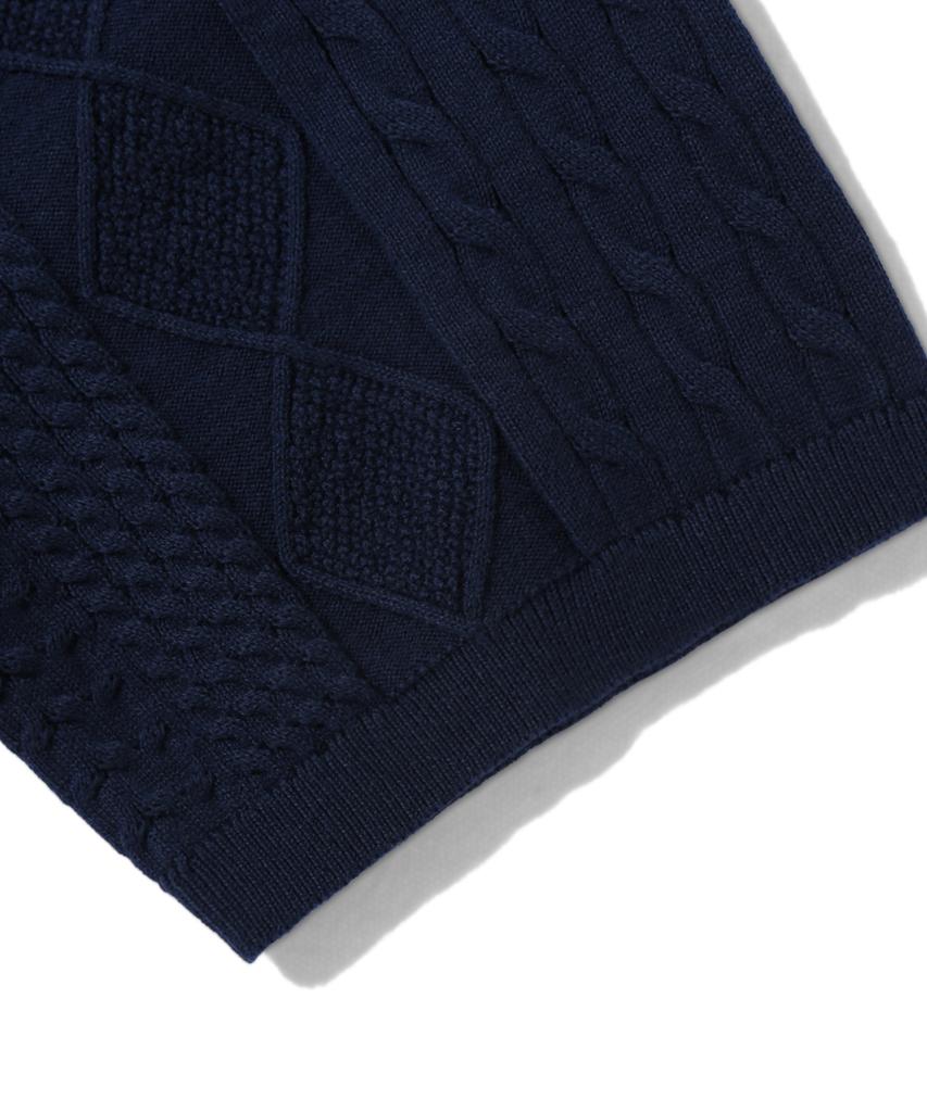 TRILLION Washable Cable Half Sleeve Button-Up Knit (Navy)