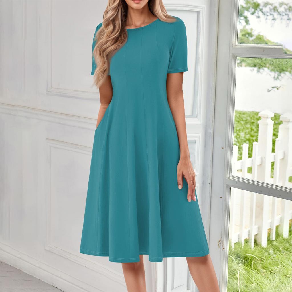 Женское повседневное и модное платье с круглым вырезом и коротким рукавом, однотонное, средней длины