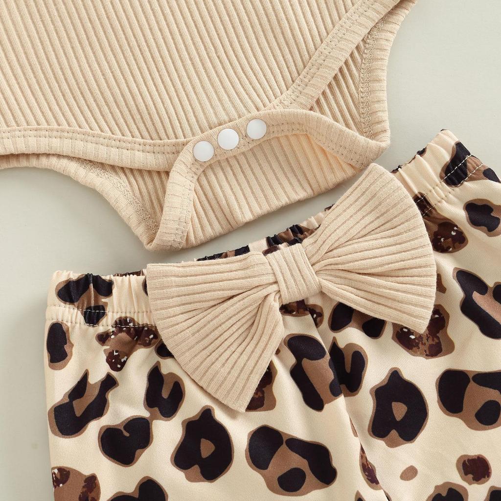 Baby Girls Pants Set, Long Sleeve Romper + Leopard Print Bowknot Flare Pants + Headband