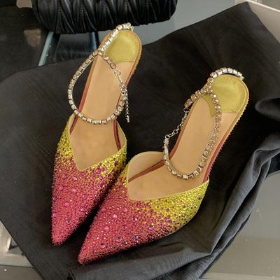 Модный дизайн Градиентный камуфляж Кристалл Острый носок Тонкий высокий каблук Вечерние туфли для выпускного вечера Ремешок на щиколотке со стразами Женские туфли-лодочки