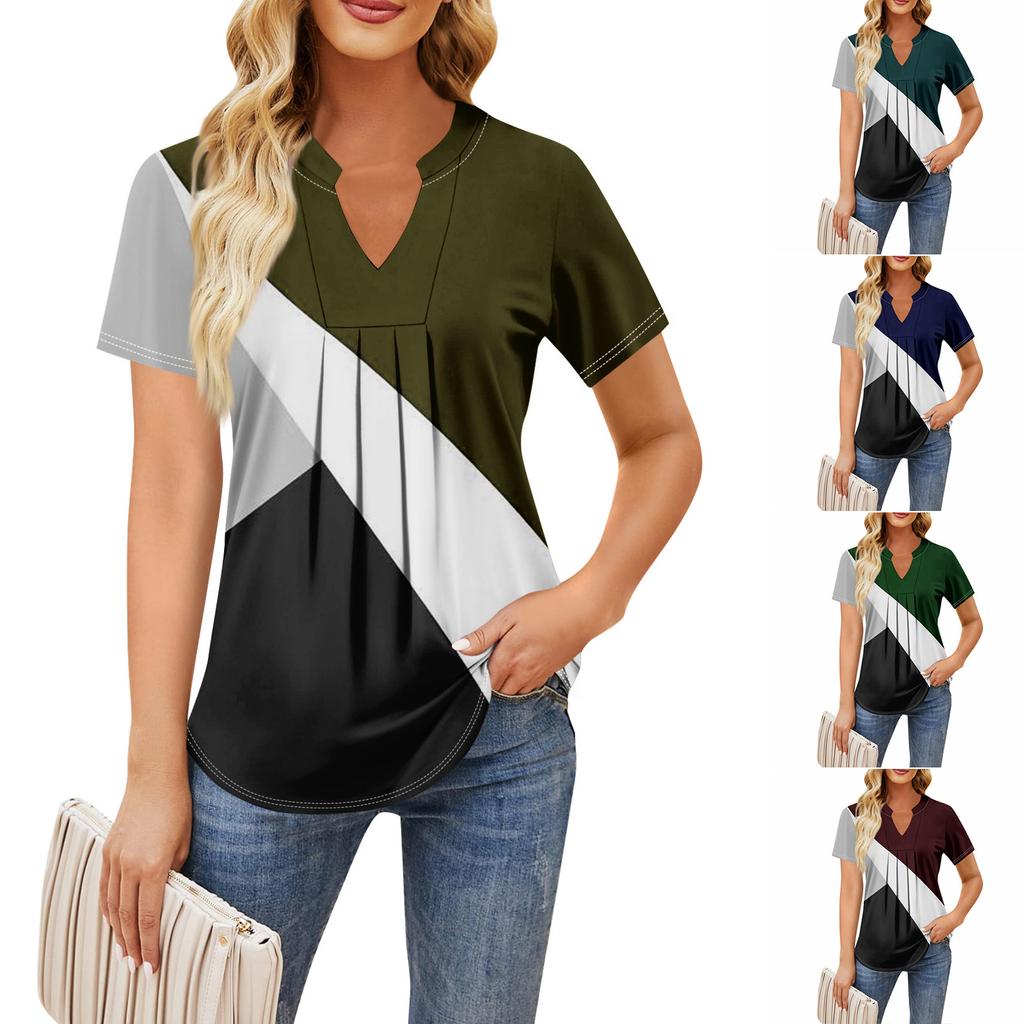 Women's Short Sleeve Casual V-neck Chest Pleated Printed Loose T-shirt Top
