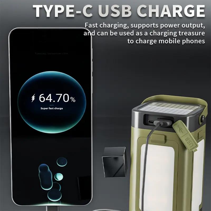 Outdoor Solar Light Type-C Rechargeable Flashlight Portable Power Bank Lamp LED Hanging Tent Light for Camping Hiking Fishing