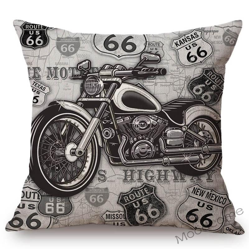 Classic Us Route 66 Vintage Motorcycle Poster Art Home Decorative Pillow Cover Retro American Style Cotton Linen Cushion Covers
