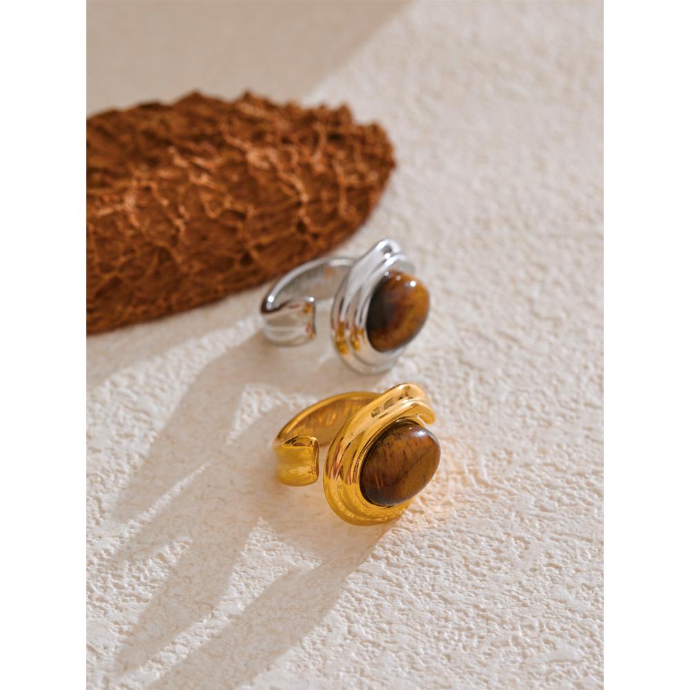 Eetit Popular Stainless Steel Natural Tiger Stone Finger Ring Gold Silver Color Waterproof Geometric Charm Jewelry 2024