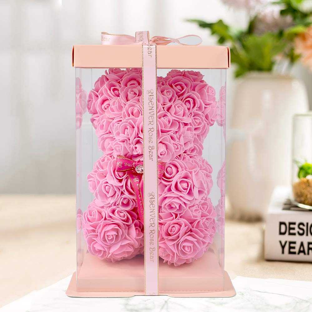 Медведь из роз Enhong, Никогда не Вянет, Мягкая игрушка, Украшение интерьера, День рождения, День святого Валентина, Рождество, Подарок на Новый год (С коробкой (розовый))