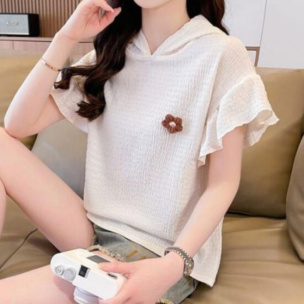 Navava Ladies Lovely Flower Frill ShorT Sleeve Hooded T shirT nT2821