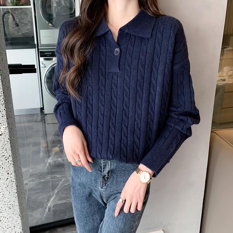 Трикотаж в стиле ретро, ​​женский свитер с отворотами, повседневный пуловер, топ