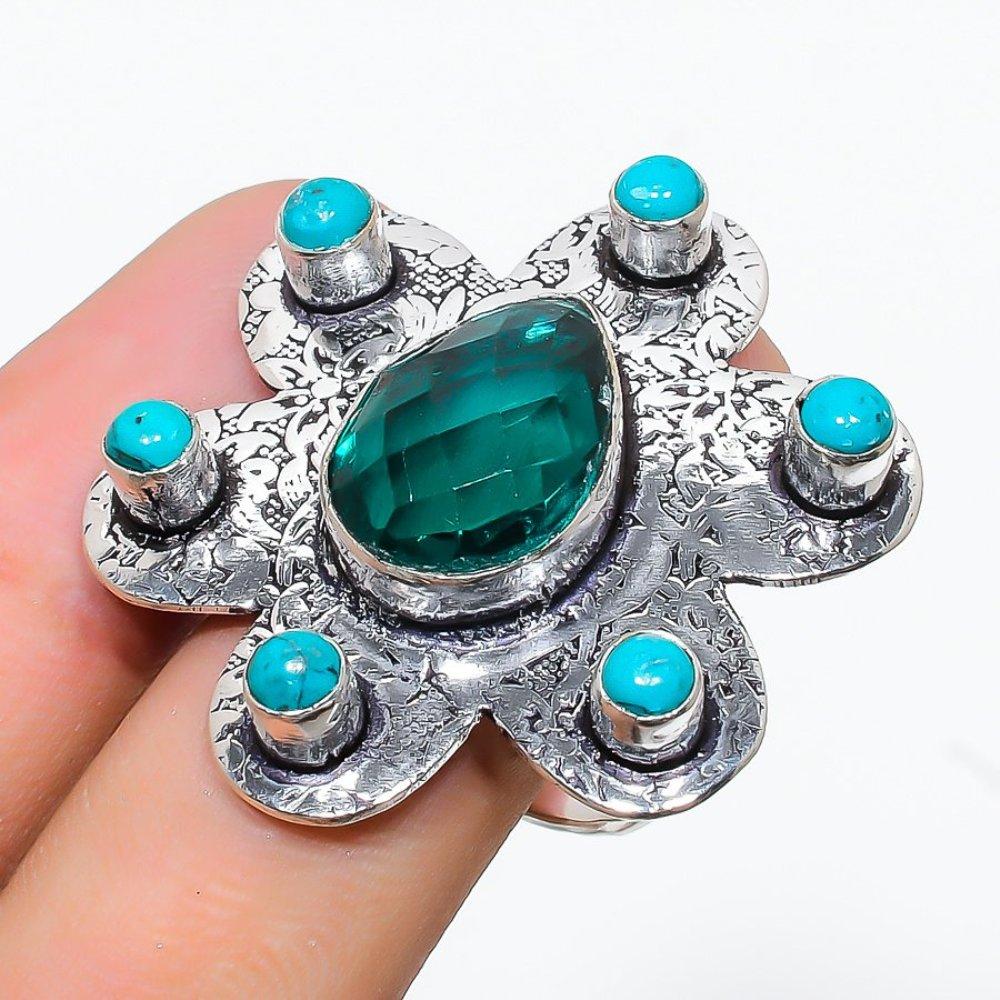 Натуральный зеленый турмалин, бирюза, драгоценный камень, кольцо из стерлингового серебра 925 пробы, размер 8 z8m85