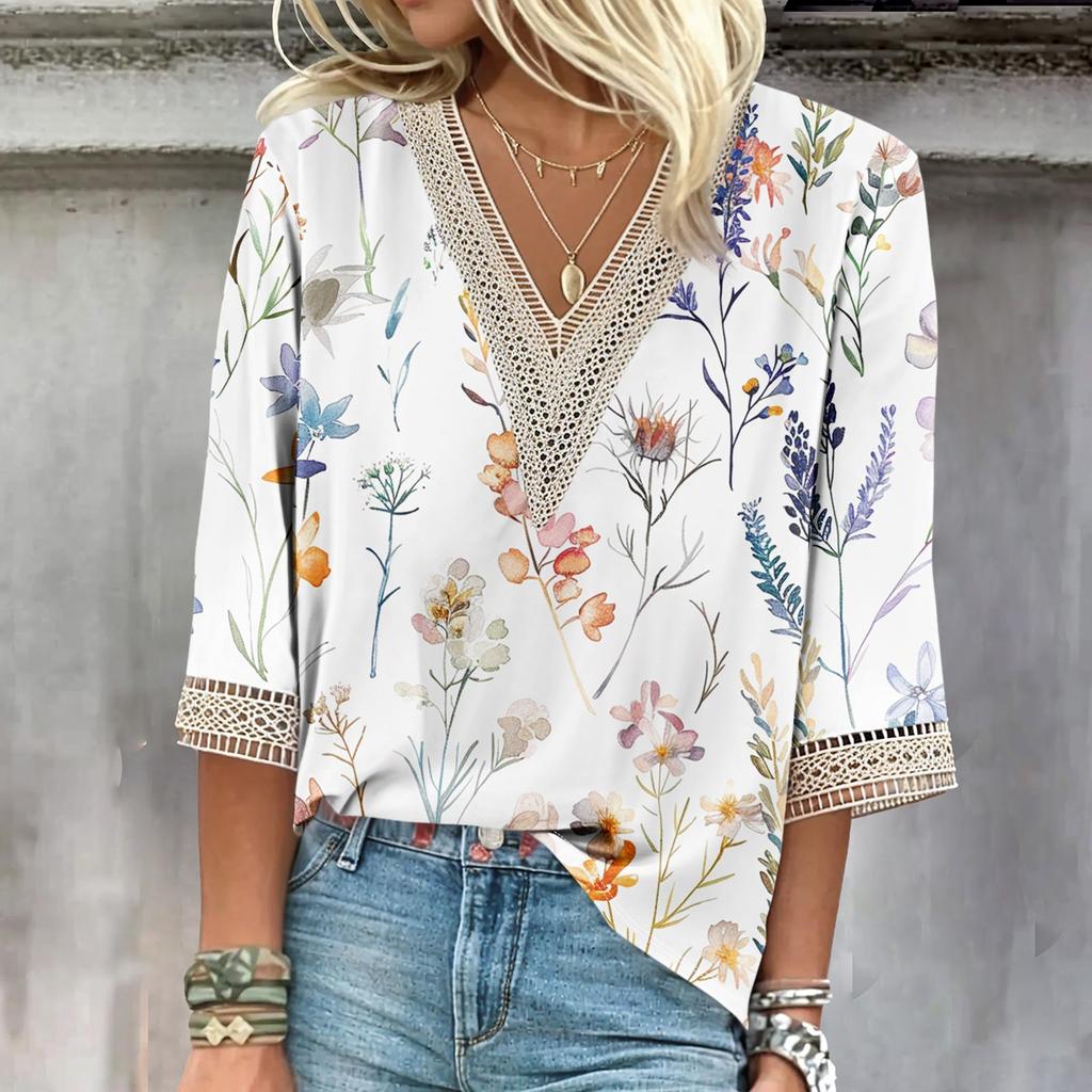 Women's Shirt Blouse Casual Loose Shirts 3/4 Sleeve Lace Print V Neck Tops Print Tops T-shirts Tee