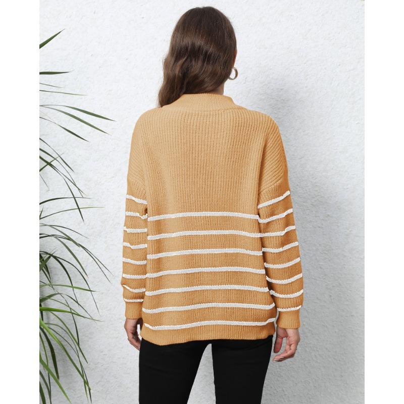 Женский свитер в полоску, лоскутное шитье, свободный свитер с высокой горловиной и застежкой-молнией