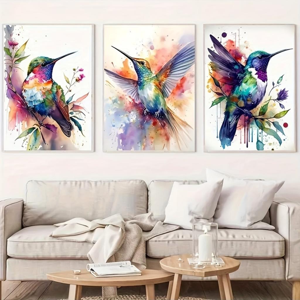 Bohemian style hummingbird canvas art prints set of 3, watercolor bird wall decor, unframed modern abstract artwork for living r