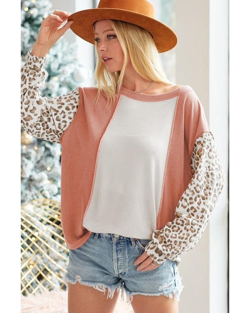 Azura Exchange Apricot Colorblock Leopard Sleeve Patchwork Top