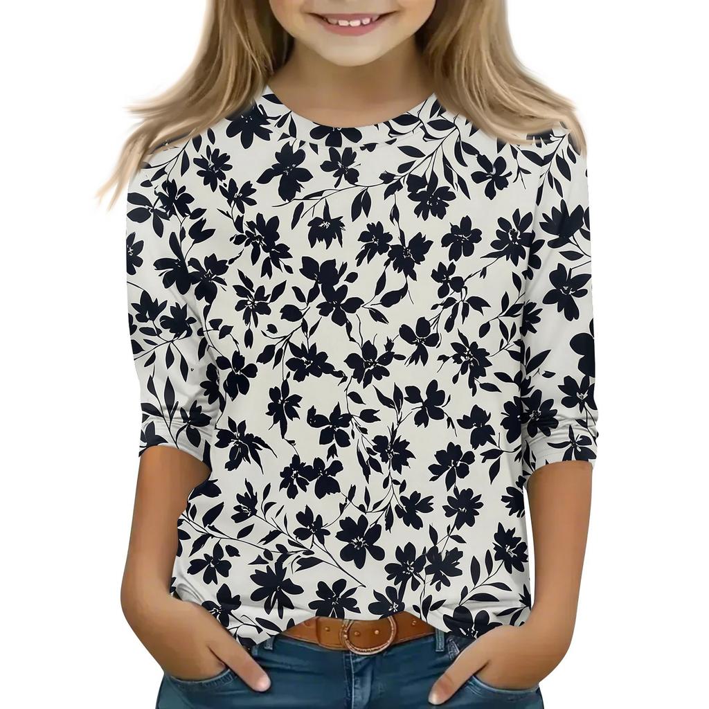 Children's 3/4 Sleeve Tops Casual Print T Shirt Round Neck Pullover Blouse