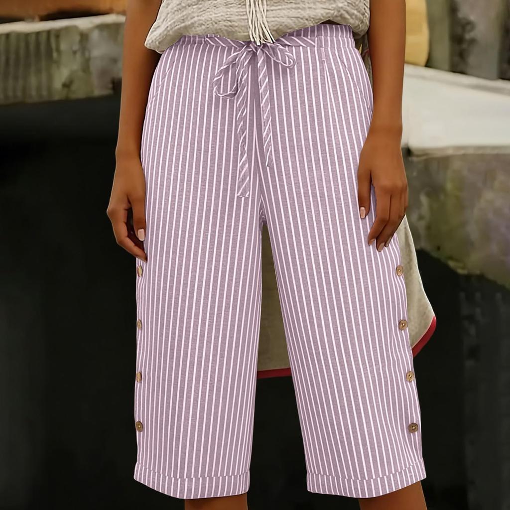 Women's Summer Fashion Striped Elastic Waist Five Quarter Pants Casual Loose Pocket Shorts