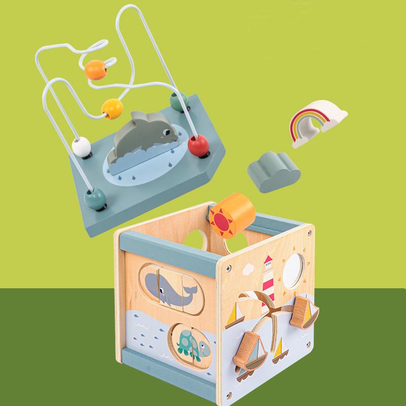 Wooden Activity Cube for Toddlers 5in1 Animal Shape Sorter Bead Maze Montessori Educational Toys Baby 6-12 Months Learning Toys