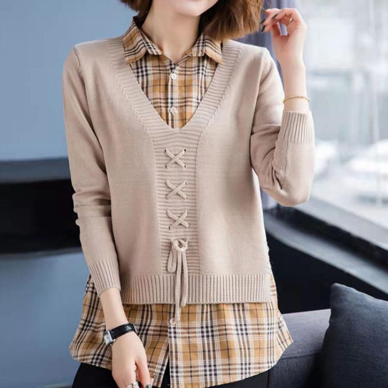 Classic Pullover Knitted Sweater for Women with V-neck Tie Two Pieces of Autumn Winter Loose Long Sleeved Sweater Women's Base Shirt