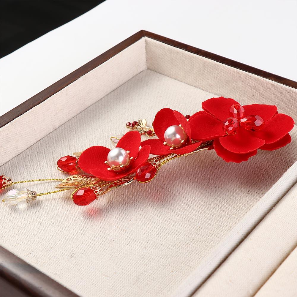 Bride Red Flower Pearl Chinese Hanfu Hair Clips Festival Hairpins Women Barrettes Duckbill Clips