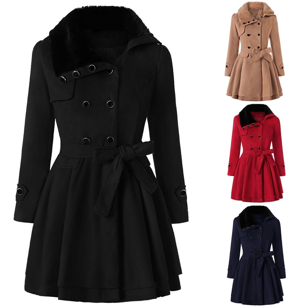 Women's Fashion Lapel Double-Breasted Thick Wool Trench Casual Coat Jacket