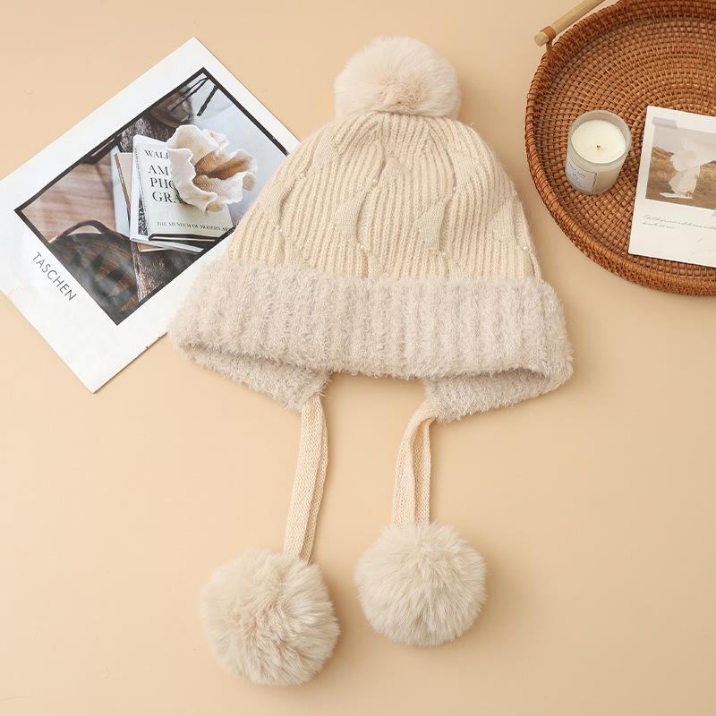 Осенне-зимняя шапка женская милая с помпоном, плюшевая из кроличьего пуха, теплая, модная, с защитой ушей, шерстяная шапка