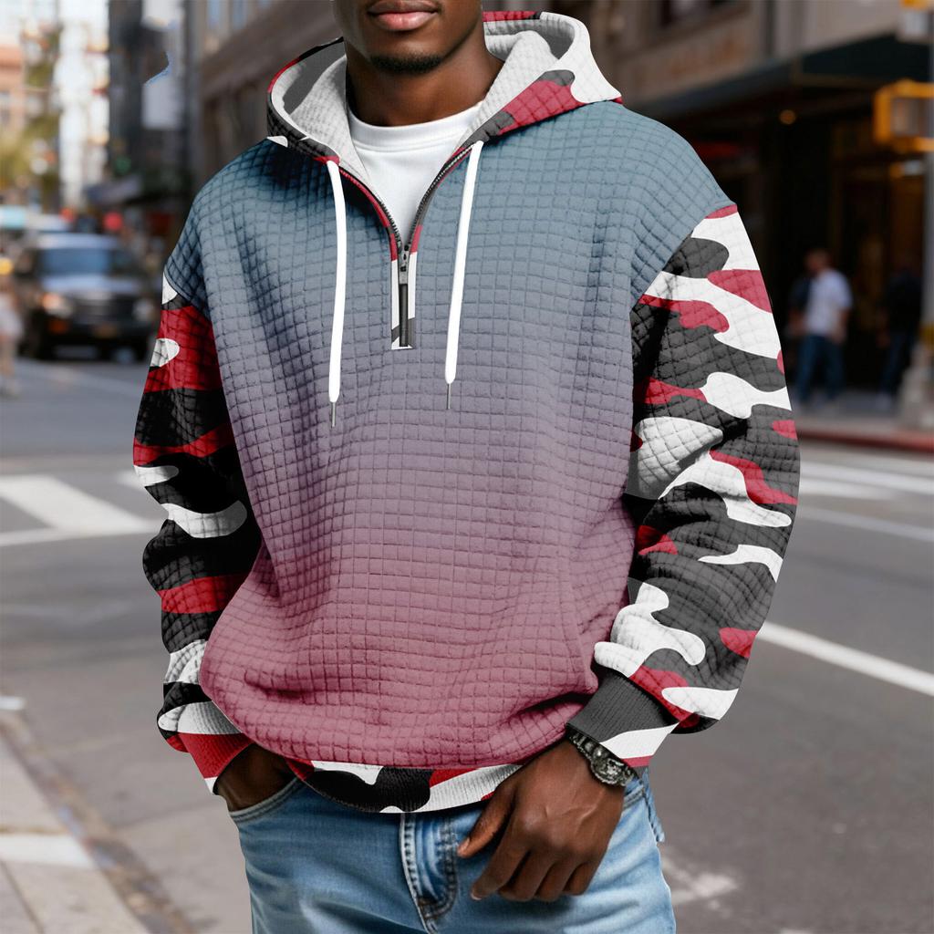 Мужской худи-пуловер в клетку с капюшоном на молнии до середины, со шнурком и принтом, повседневная спортивная толстовка