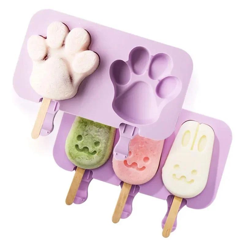 Cute Cartoon Ice Cream Mold Silicone Food Safe Popsicle Reusable DIY Ice Cube Tools Tray Dessert Mould With Lids and Sticks