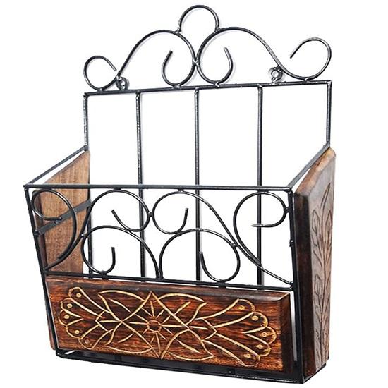 Настенная полка для журналов, газет и книг из дерева и кованого железа высотой 38 см. Настенные держатели журналов.